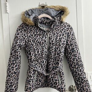 H&M Kids Pink Leopard Puffer Jacket with Faux Fur Hood